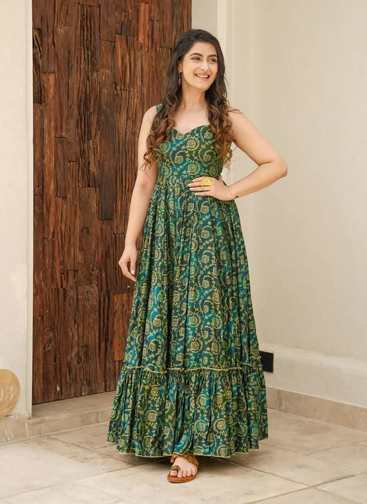 Bottle Green Rayon Digital Printed Flared Gown