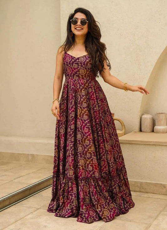 Wine Rayon Digital Printed Flared Gown