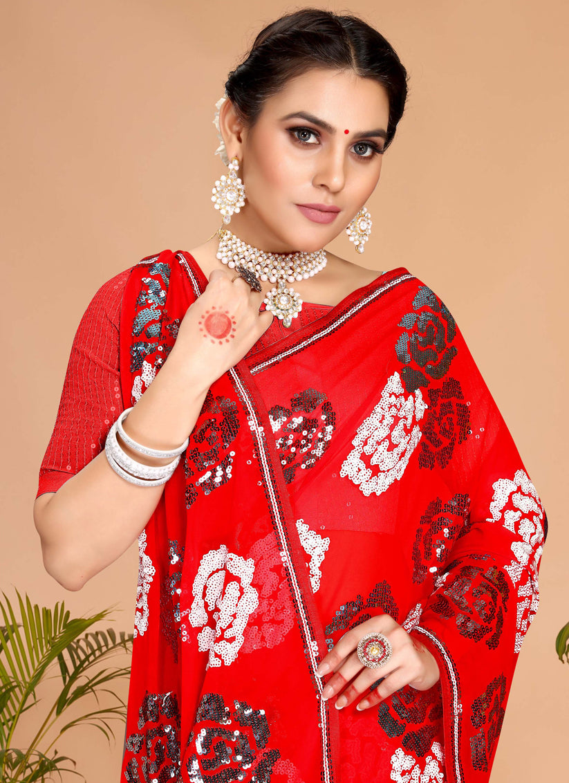 Red Georgette Sequence Designer Saree