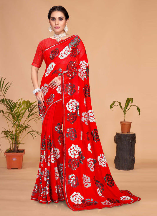 Red Georgette Sequence Designer Saree