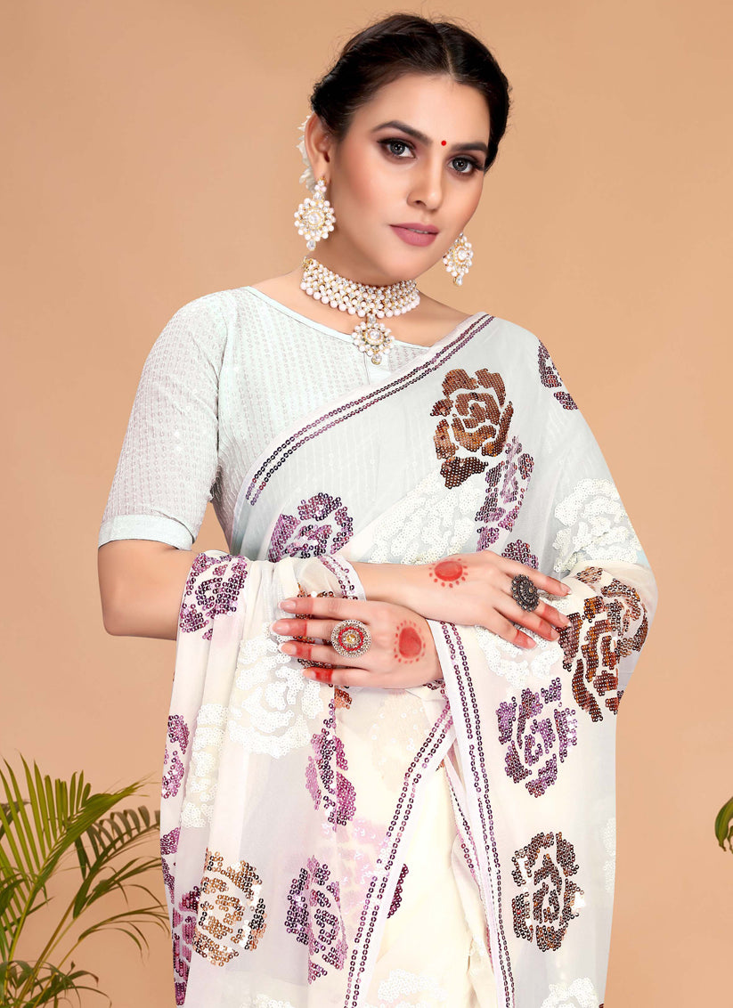 White Georgette Sequence Designer Saree