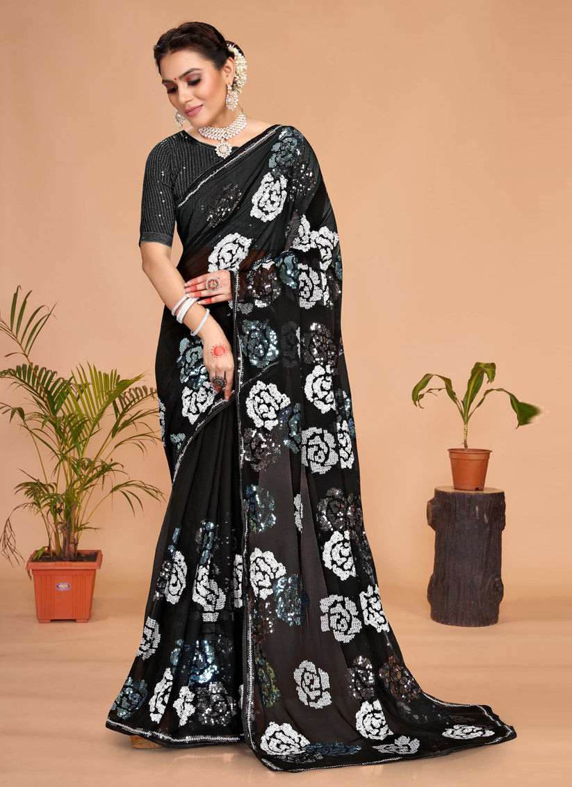 Black Georgette Sequence Designer Saree