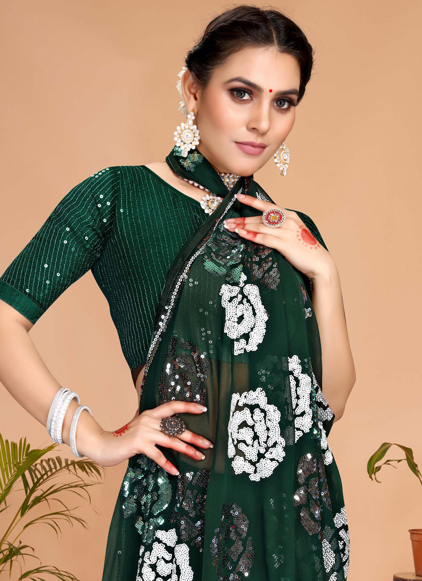 Green Georgette Sequence Designer Saree