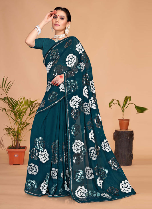 Blue Georgette Sequence Designer Saree