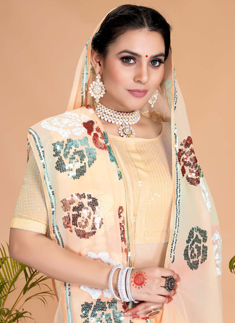 Cream Georgette Sequence Designer Saree