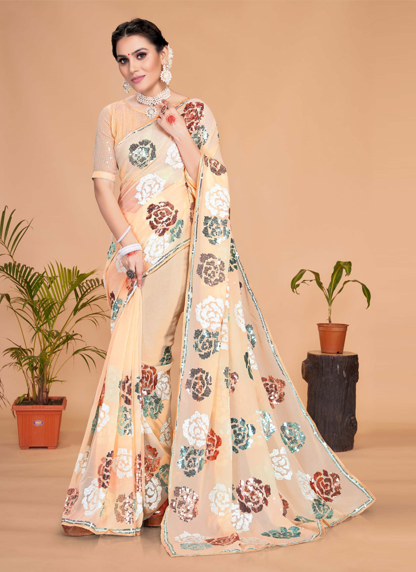 Cream Georgette Sequence Designer Saree