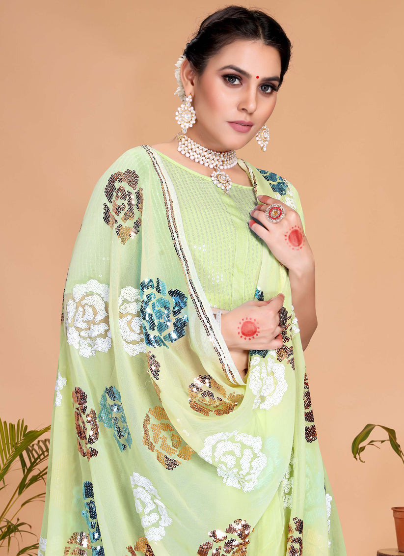 Green Georgette Sequence Designer Saree