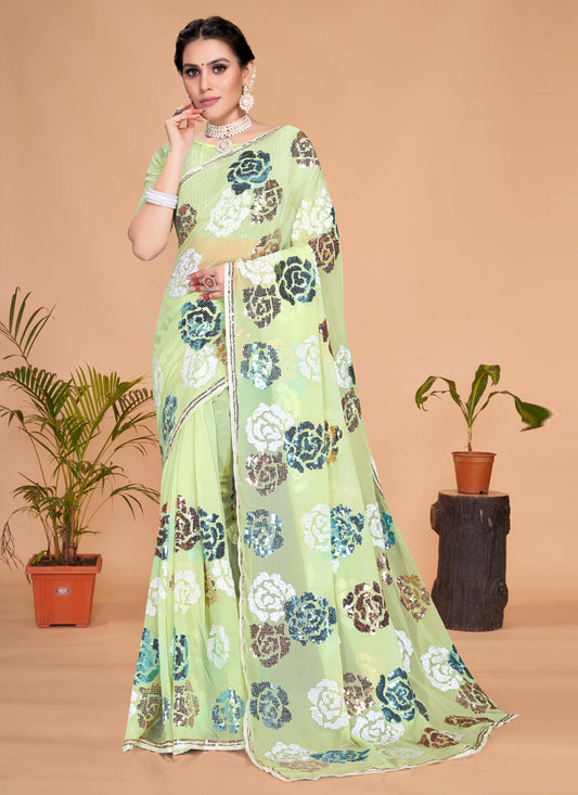 Green Georgette Sequence Designer Saree