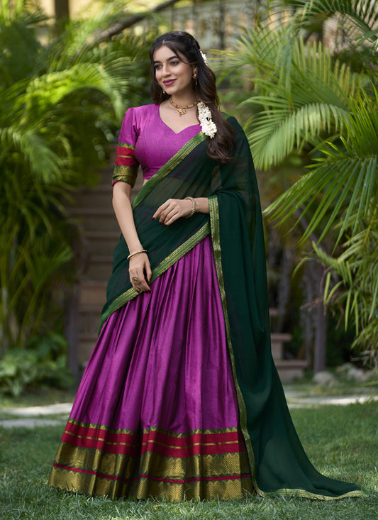 Magenta Cotton Zari Woven Lehenga Choli For Festival