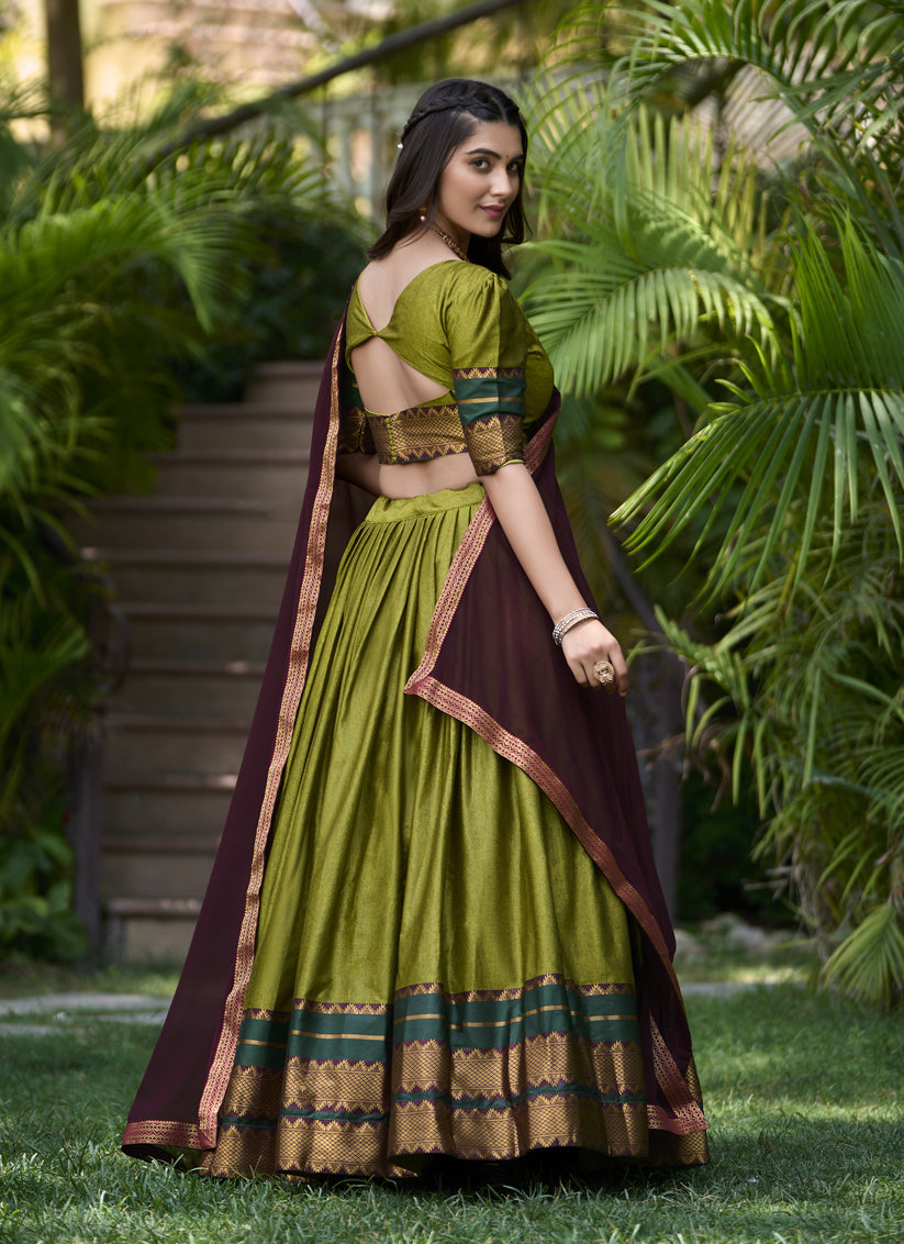 Olive Green Cotton Zari Woven Lehenga Choli For Festival