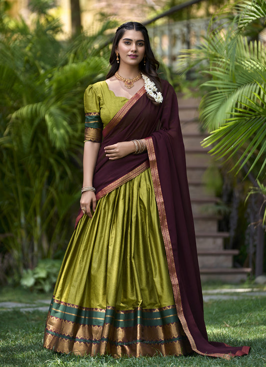 Olive Green Cotton Zari Woven Lehenga Choli For Festival