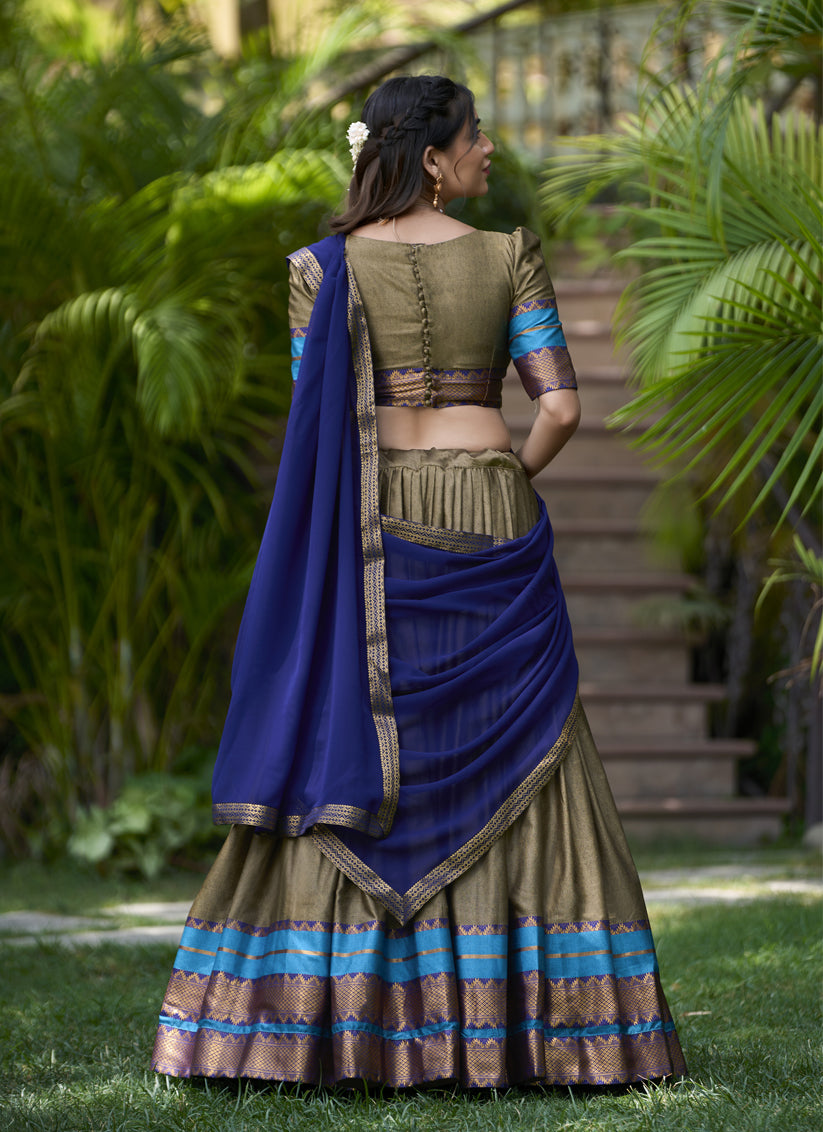 Moss Grey Cotton Zari Woven Lehenga Choli For Festival