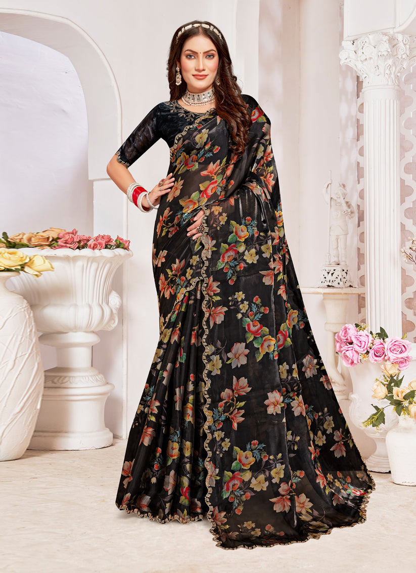 Black Organza Silk Embellished Saree For Festival