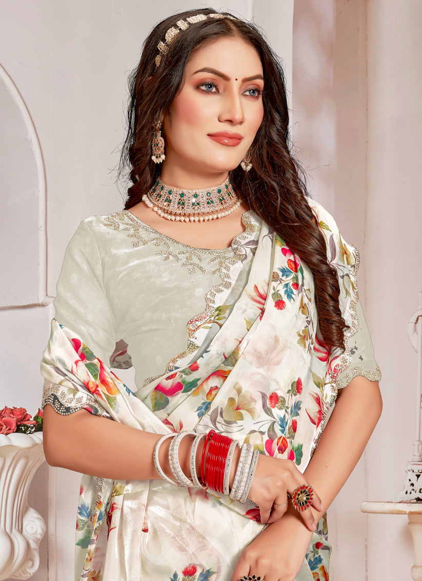 Off White Organza Silk Embellished Saree For Festival