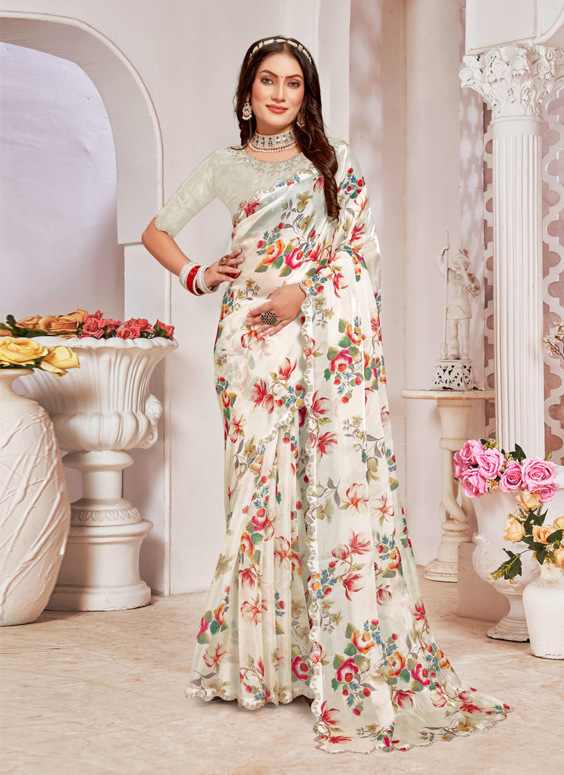 Off White Organza Silk Embellished Saree For Festival