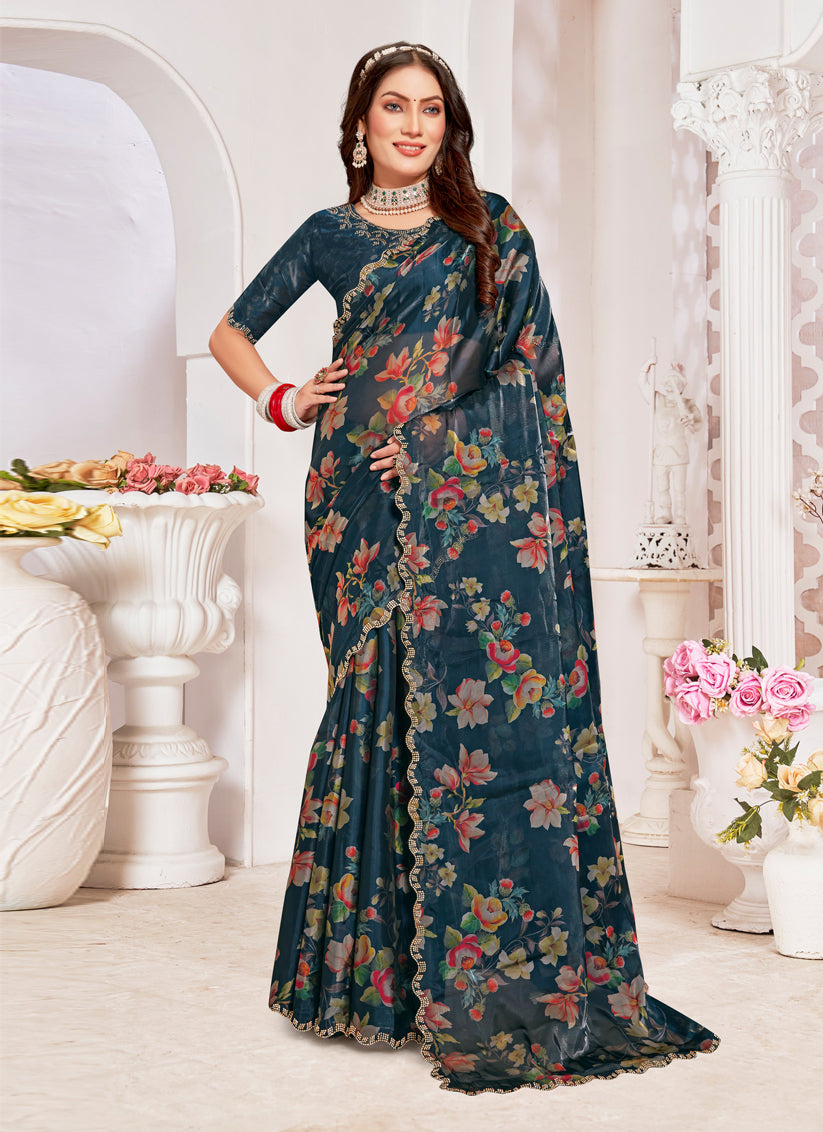 Prussian Blue Organza Silk Embellished Saree For Festival