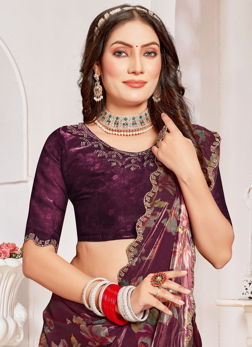 Burgundy Organza Silk Embellished Saree For Festival