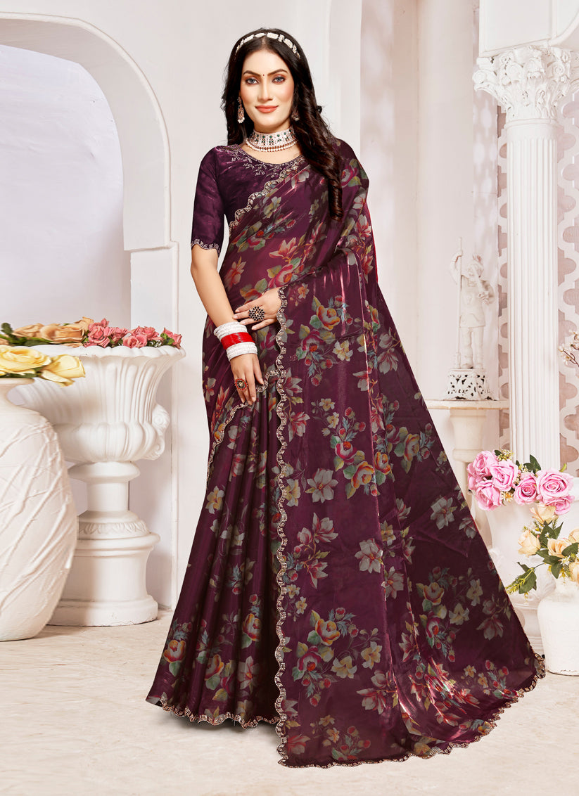 Burgundy Organza Silk Embellished Saree For Festival