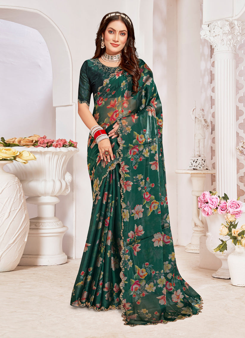 Pine Green Organza Silk Embellished Saree For Festival