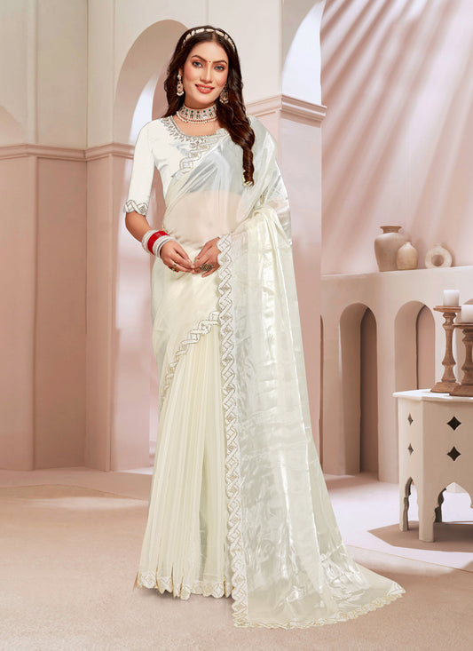 Cream Silk Party Wear Saree