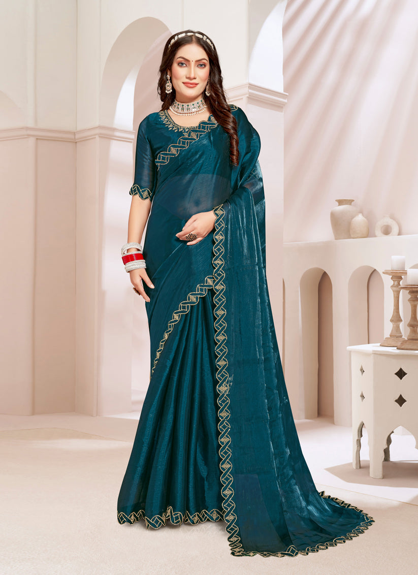 Peacock Blue Silk Party Wear Saree