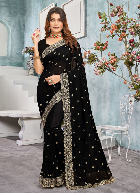 Black Vichitra Blooming Embroidered Saree