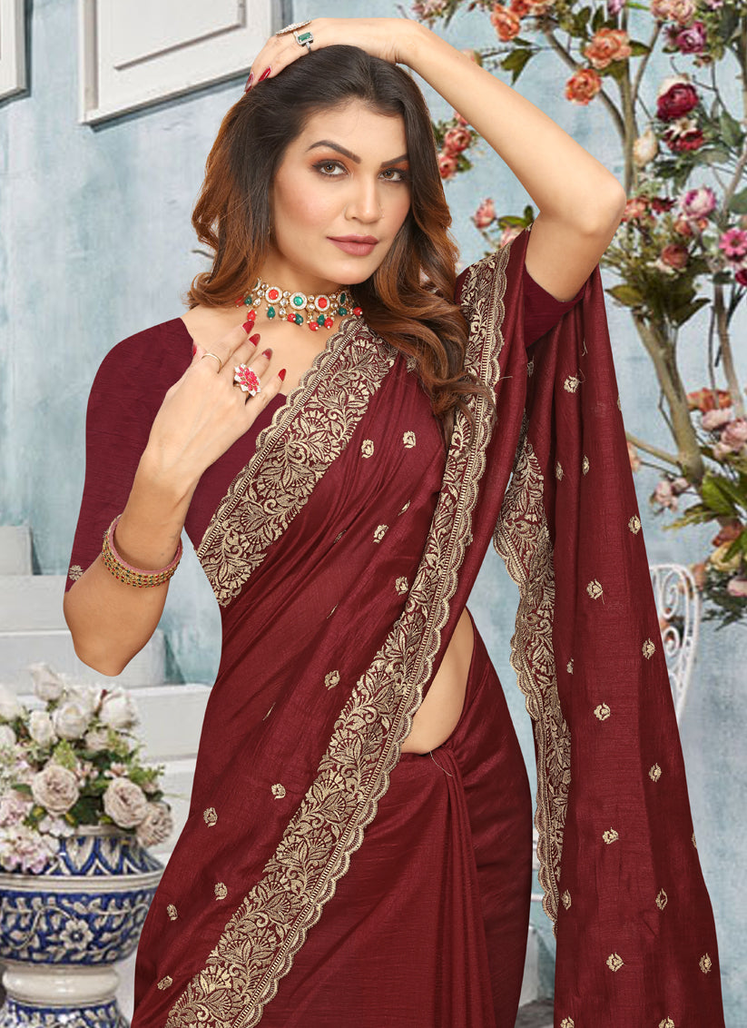 Maroon Vichitra Blooming Embroidered Saree