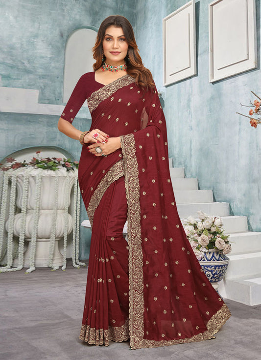 Maroon Vichitra Blooming Embroidered Saree