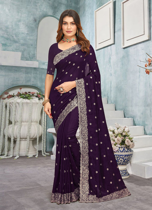 Purple Vichitra Blooming Embroidered Saree