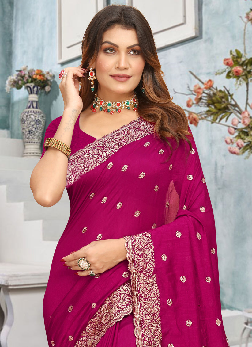 Rani Pink Vichitra Blooming Embroidered Saree