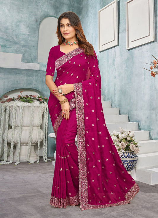 Rani Pink Vichitra Blooming Embroidered Saree