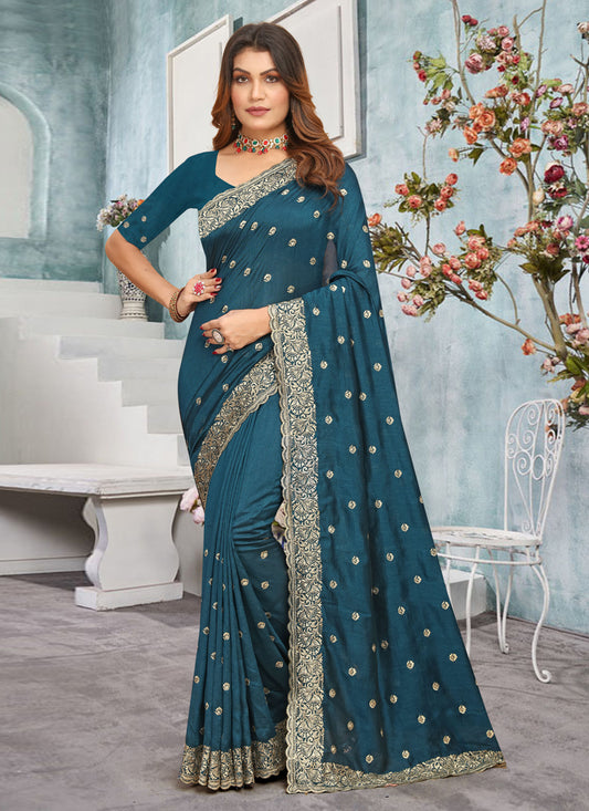 Pecock Blue Vichitra Blooming Embroidered Saree