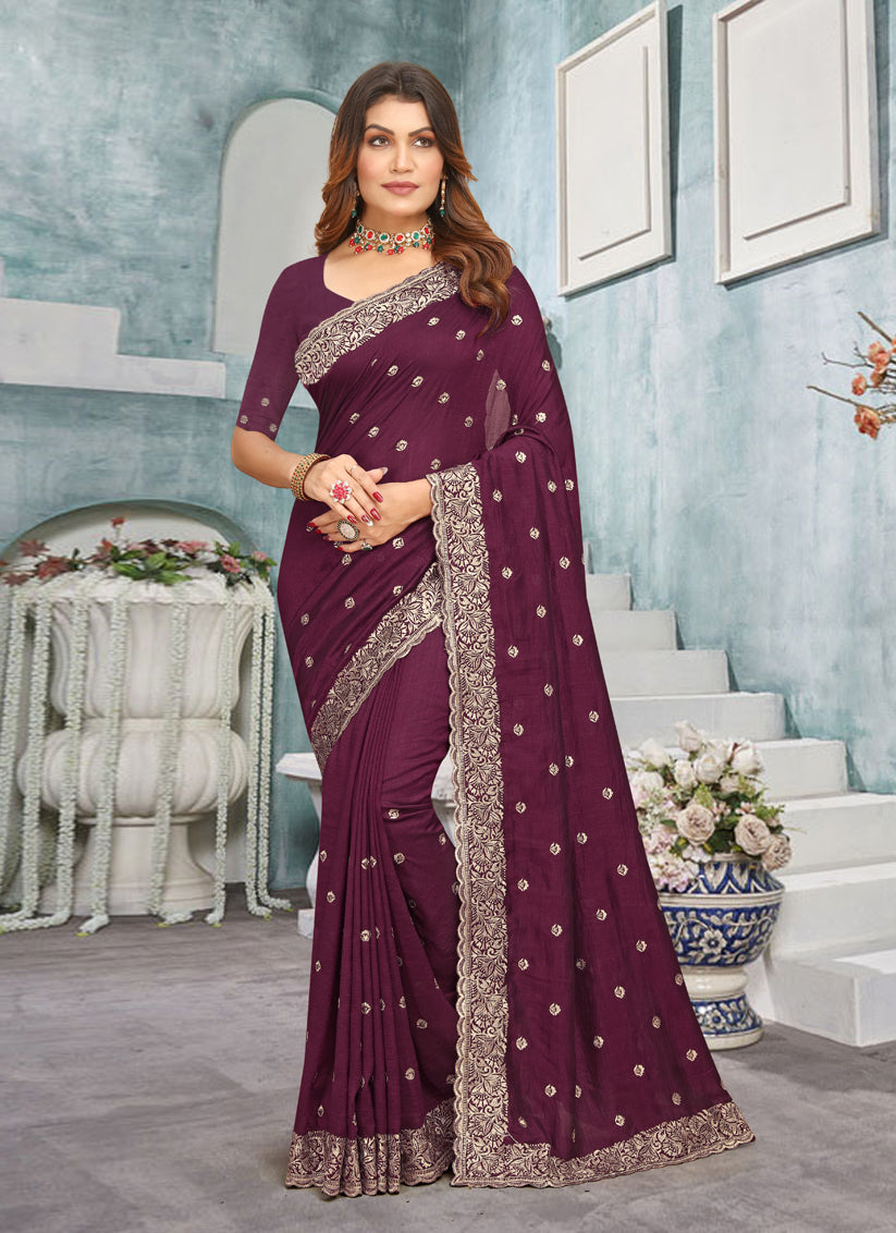 Wine Vichitra Blooming Embroidered Saree