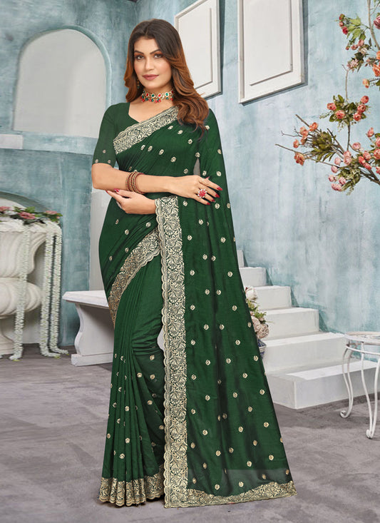 Green Vichitra Blooming Embroidered Saree