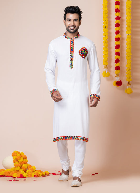 White Rayon Gamthi Work Navratri Special Kurta Set