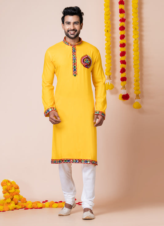 Yellow Rayon Gamthi Work Navratri Special Kurta Set
