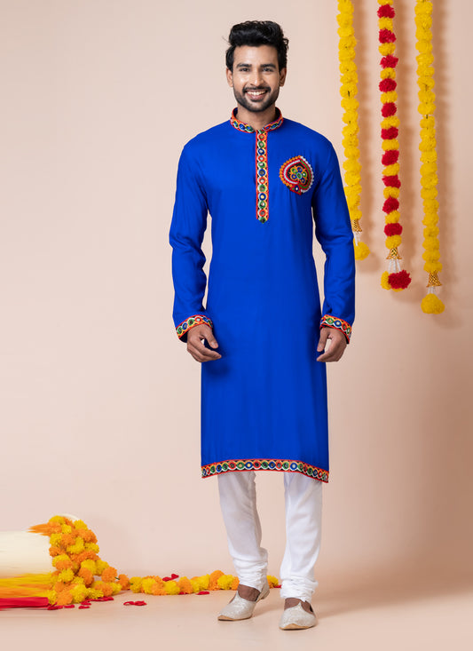 Royal Blue Rayon Gamthi Work Navratri Special Kurta Set