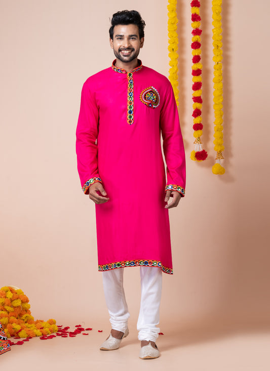 Rani Pink Rayon Gamthi Work Navratri Special Kurta Set