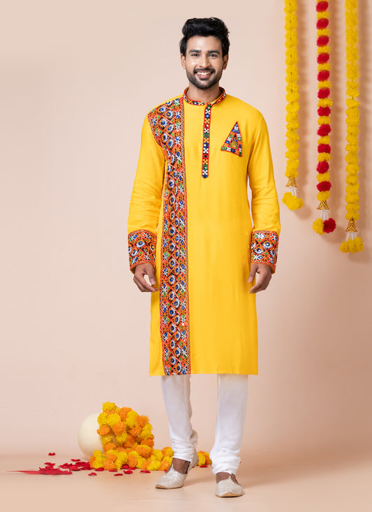 Yellow Rayon Gamthi Work Navratri Special Kurta Set