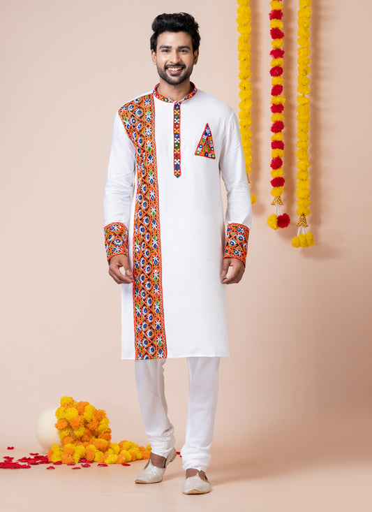 White Rayon Gamthi Work Navratri Special Kurta Set
