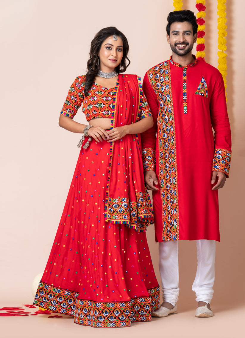 Red Rayon Gamthi Work Navratri Special Combo