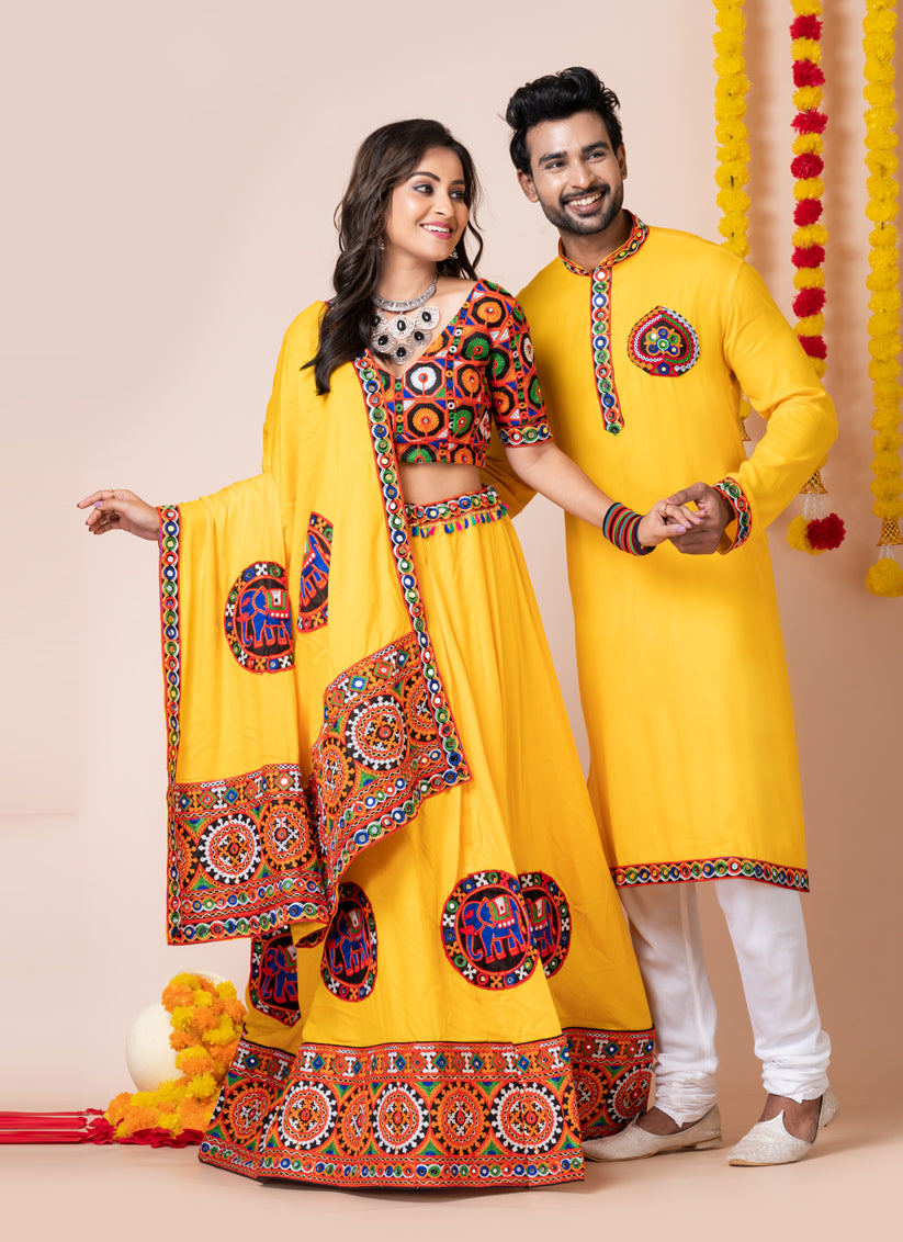 Yellow Rayon Gamthi Work Navratri Special Combo