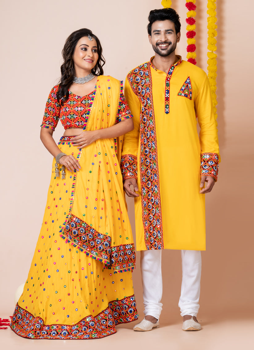 Yellow Rayon Gamthi Work Navratri Special Combo