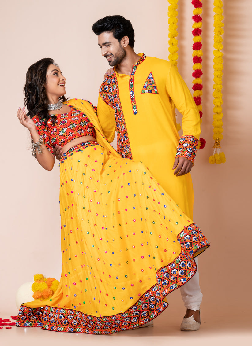 Yellow Rayon Gamthi Work Navratri Special Combo