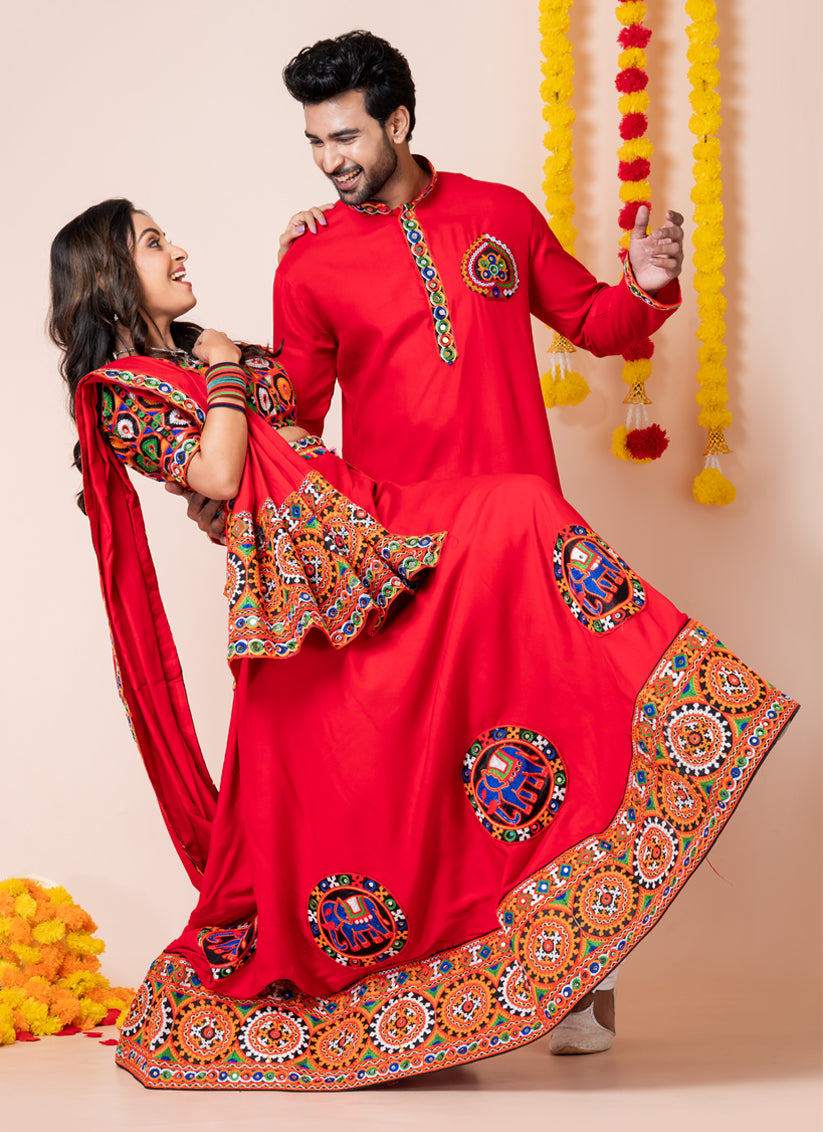 Red Rayon Gamthi Work Navratri Special Combo