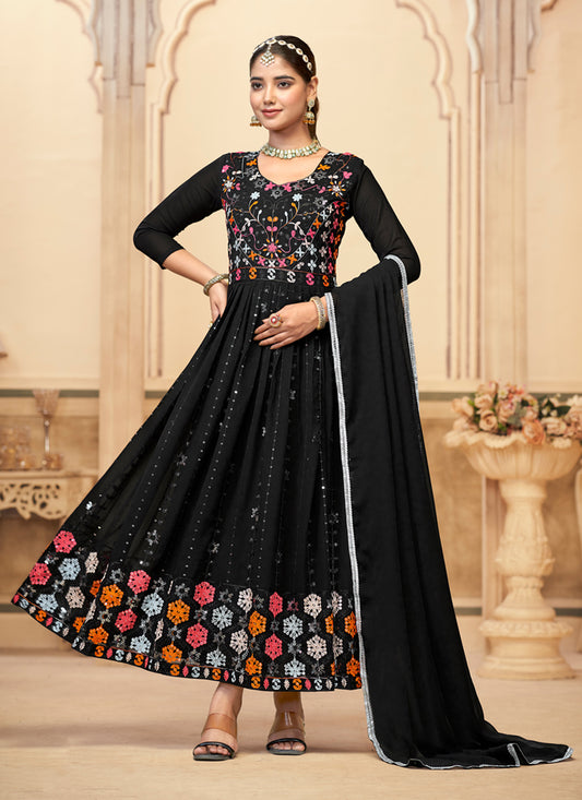 Black Faux Georgette Embroidered Gown with Dupatta