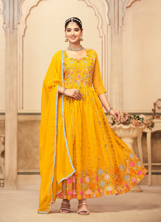 Mustard Yellow Faux Georgette Embroidered Gown with Dupatta