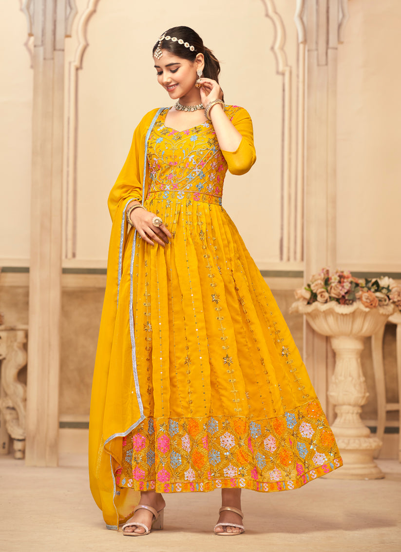 Mustard Yellow Faux Georgette Embroidered Gown with Dupatta