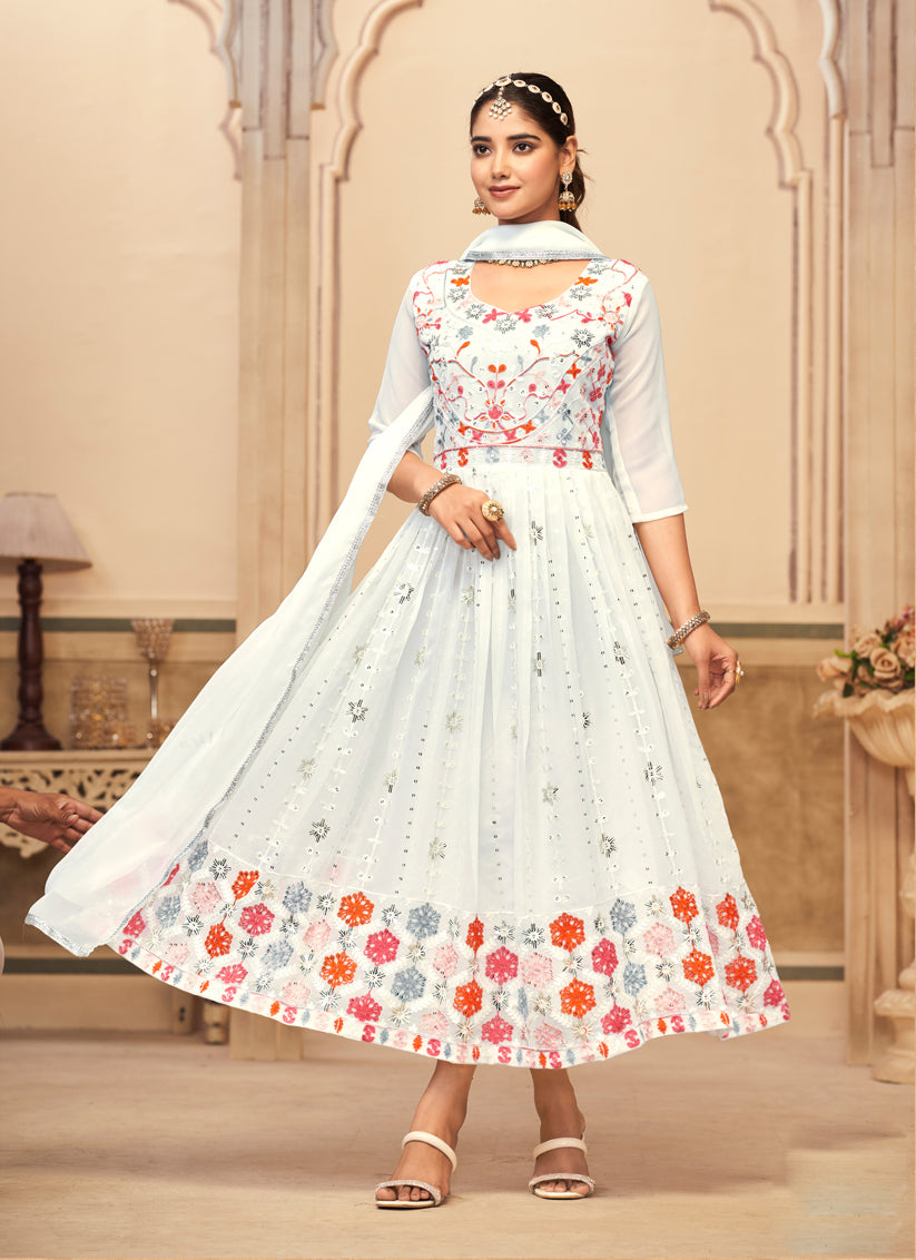 White Faux Georgette Embroidered Gown with Dupatta