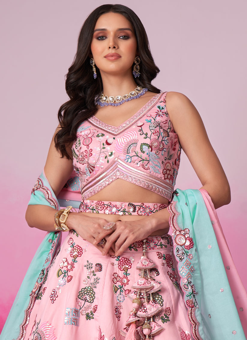 Rose Pink Silk Embroidered Designer Wedding Lehenga Choli